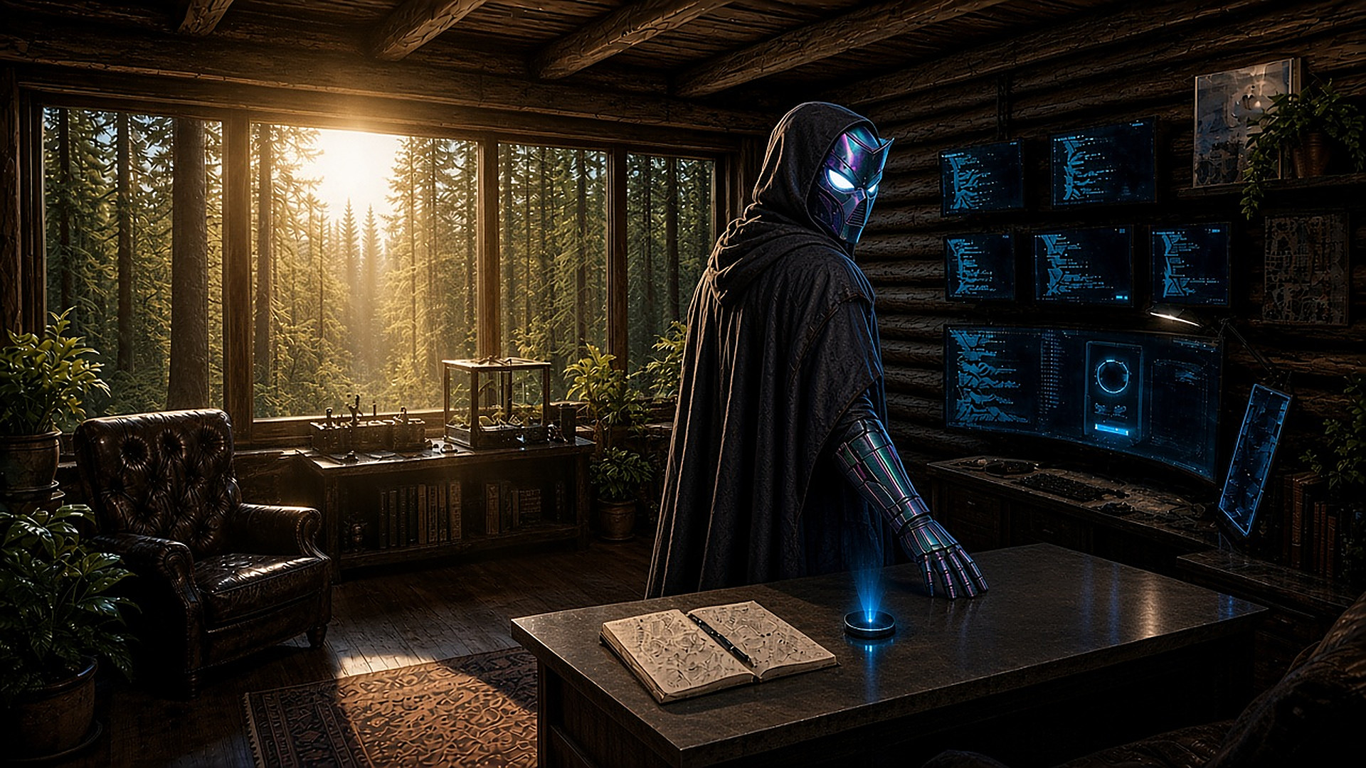 Caelum Mercer in a hooded cloak and iridescent cyber mask, cyber glove on the desk, standing in his cabin lab during the day