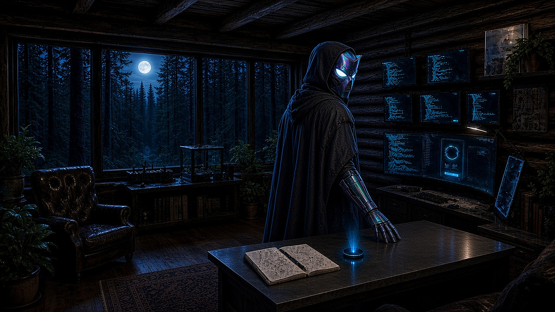 Caelum Mercer in a hooded cloak and iridescent cyber mask, cyber glove on the desk, standing in his cabin lab at night